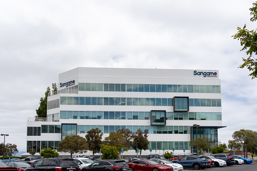 Sangamo Therapeutics headquarters in Brisbane, California, USA - June 7, 2023. Sangamo Therapeutics, Inc. is an American biotechnology company.