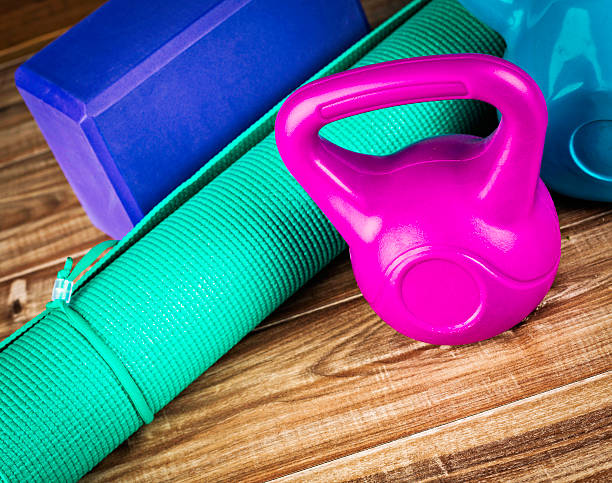 istock Yoga Mat, Blocks and Kettle Bells 187108376