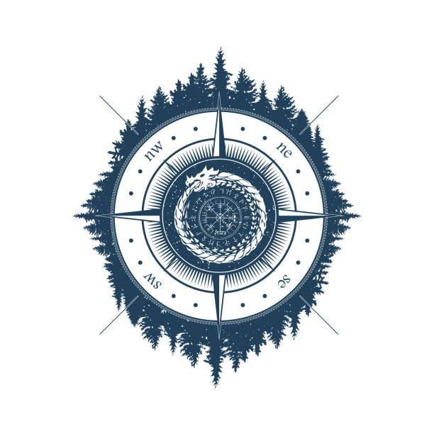 Windrose compass forest dragon Abstract fir-tree forest silhouette with windrose compass and dragon circle with Scandinavian runic sign celtic dragon tattoo stock illustrations
