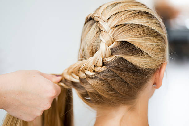 Snail bun How to make a differnet hairstyles in steps, second step braided stock pictures, royalty-free photos & images