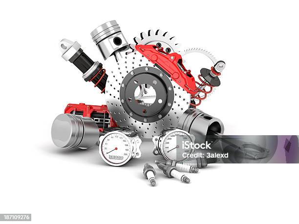 Car Parts Clustered Together On A White Background Stock Photo - Download Image Now - Auto Repair Shop, Brake, Coiled Spring