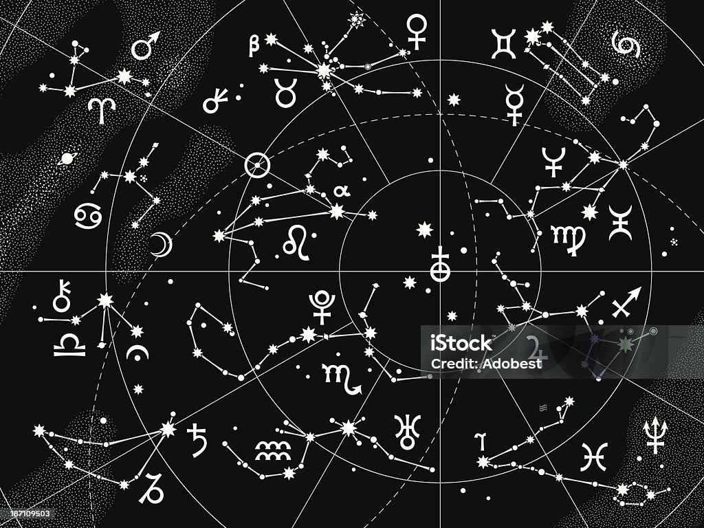 XII Constellations of Zodiac XII Constellations of Zodiac and Its Planets the Sovereigns. Astrological Celestial Chart. Star Chart stock vector