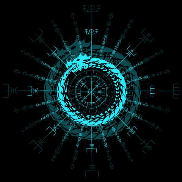 Blue viking dragon symbol Blue runic Scandinavian symbol with dragon circle and Vegvisir sign for Scandinavian tattoo design isolated on black background celtic dragon tattoo stock illustrations