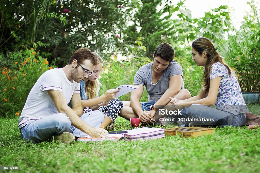 Grupo de jóvenes amigos en el parque - Foto de stock de Reunión libre de derechos