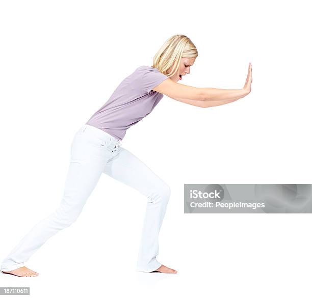 Lets Get This Out The Way Stock Photo - Download Image Now - Pushing, One Woman Only, White Background