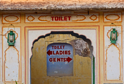 Decorated wall at a toilet on the inside of a fort in Jaipur.