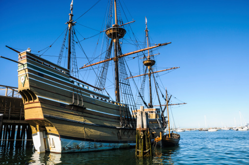 The Mayflower II, a 1956 replica of the ship that carried the Pilgrims to America in 1620 is docked in Plymouth Harbor