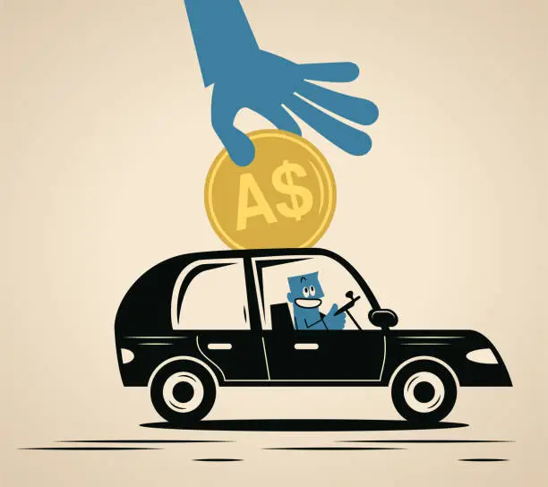Vector illustration of A smiling blue man drives a car and a big hand puts money into the car