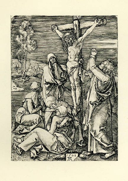 Jesus Christ on the Cross Vintage engraving by Albrecht Durer, Jesus Christ on the Cross, 1508 crucifix illustrations stock illustrations