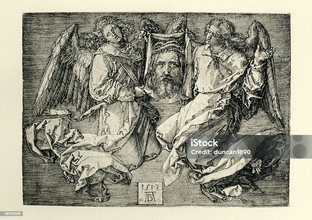 Sudarium Displayed by Two Angels Vintage engraving by Albrecht Durer, Sudarium Displayed by Two Angels, 1513 16th Century stock illustration