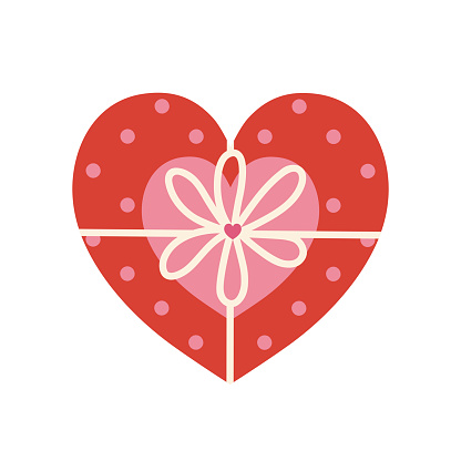 Cute heart box, vector icon. Closed red-pink present with polka dots, bow, holiday ribbon. Surprise for Valentines Day, wedding, date. Cartoon illustration isolated on white. Flat clipart for print