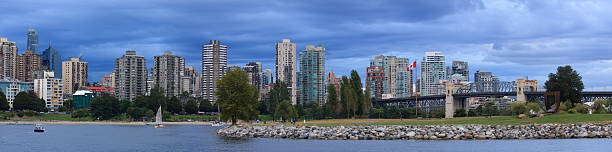 Vancouver panorama A panoramic view of Vancouver downtown from English bay. Burrard Street Bridge is on the right. beach english bay vancouver skyline stock pictures, royalty-free photos & images