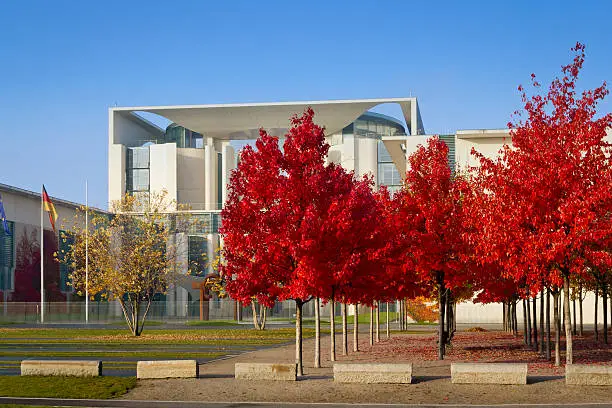 The Chancellery, which contains the offices of German Chancellor Angela Merkel, stands under morning autumn sunlight, Berlin, Germany