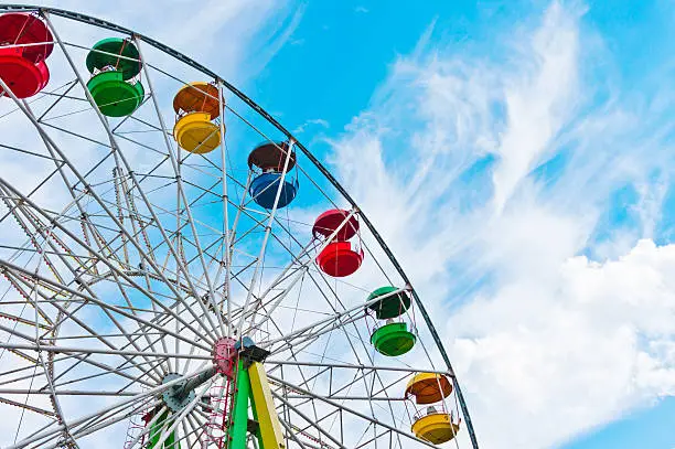 Photo of Colorful ferris wheel on blue sky background