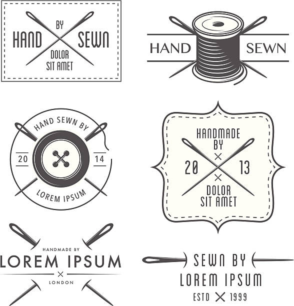 zestaw vintage krawiec etykiety, symbolizujące - machine sewing white sewing item stock illustrations