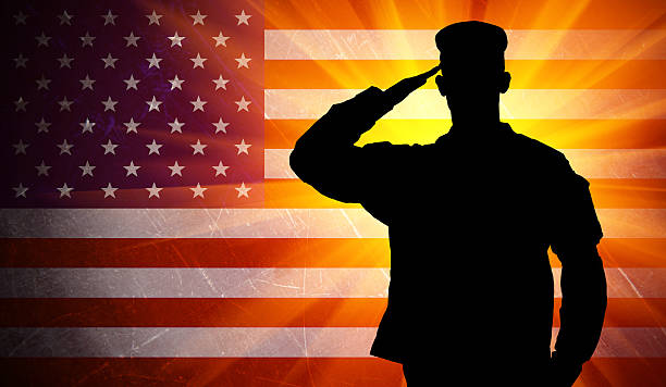 Proud saluting male army soldier on american flag background Proud saluting male army soldier on grungy american flag background infantry stock illustrations