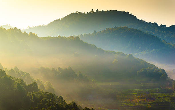 istock Beautiful sunshine at misty morning mountains . 187115405