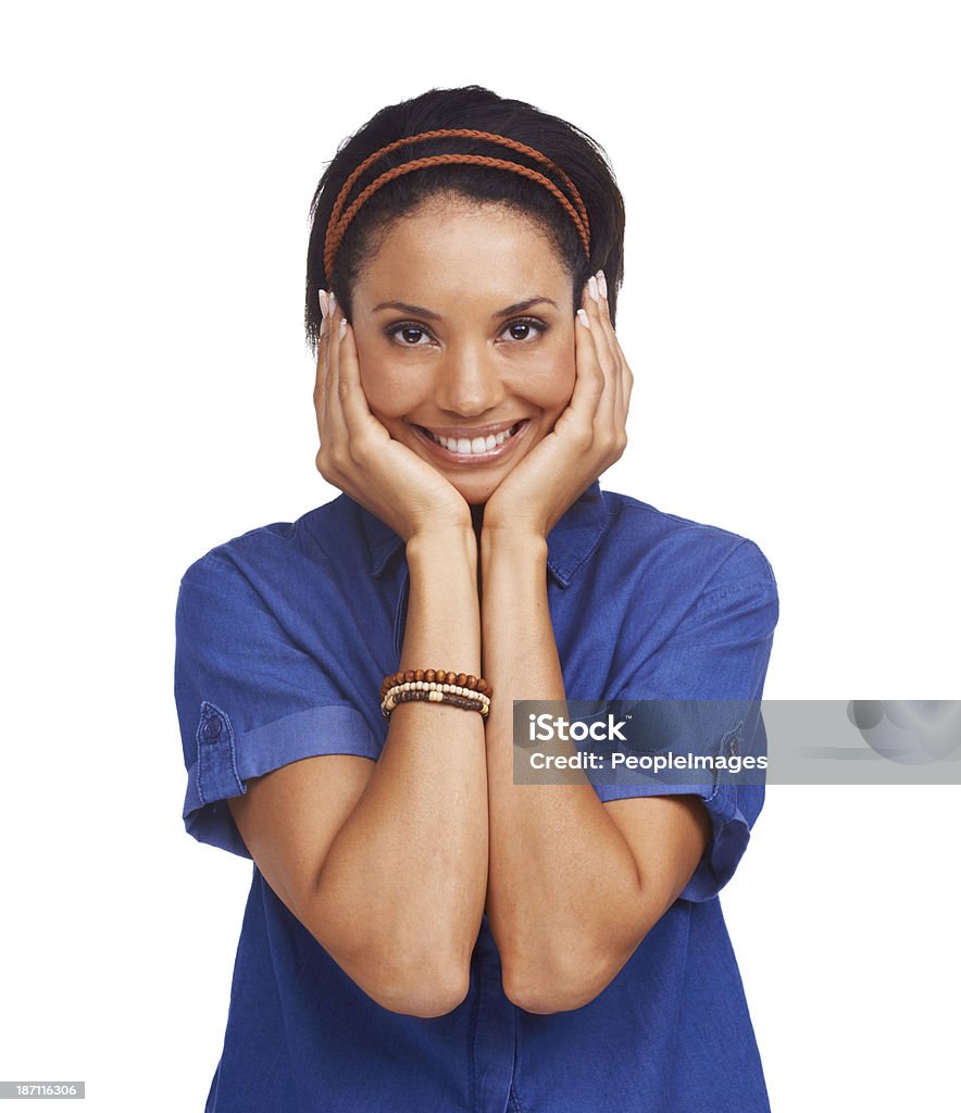 I can't believe it! A nervously excited young woman with her hands on her face - isolated 30-34 Years Stock Photo