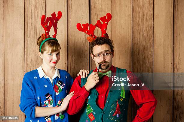 Tacky Christmas Couple Stock Photo - Download Image Now - 1980-1989, 30-39 Years, Adult