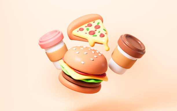 Cartoon hamburger , pizza , coffee and so on, take-out and fast food, 3d rendering. 3d illustration.