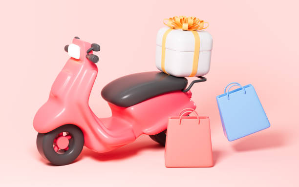 istock Cartoon scooter and shopping online, 3d rendering. 1871169137
