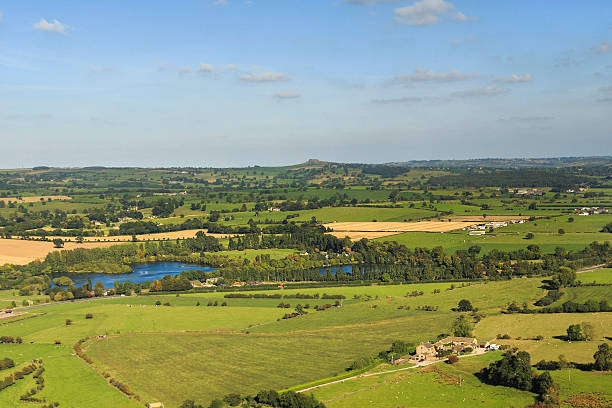 View of rural north of Leeds towards Almscliffe crag. Aerial view from a helicopter 