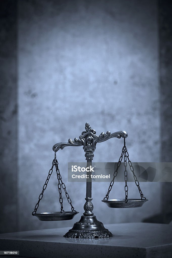 Decorative Scales of Justice Symbol of law and justice, law and justice concept, BLUE TONE Equal-Arm Balance Stock Photo