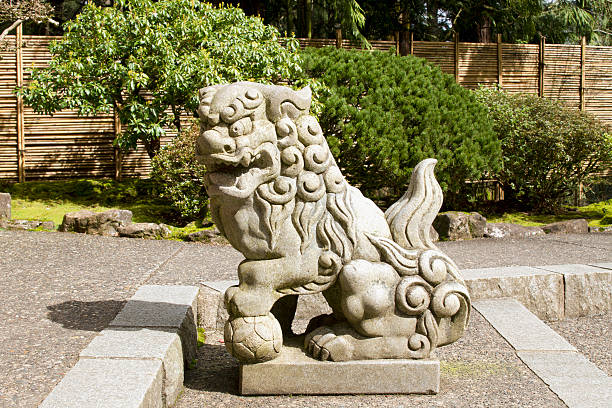 Japanese Stone Guardian Lions Sculpture