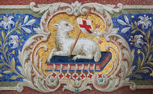 Lamb of God (Agnus Dei) mosaic in the Martini church in Braunschweig, Niedersachsen, Germany. This mosaic is more than 100 years old, no property release is required.