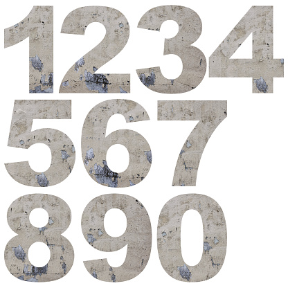 Isolated shot of numbers made from a wall with dirty paint peeling off on white background.