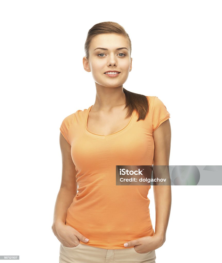 smiling woman in blank color t-shirt picture of smiling woman in blank color t-shirt Adult Stock Photo