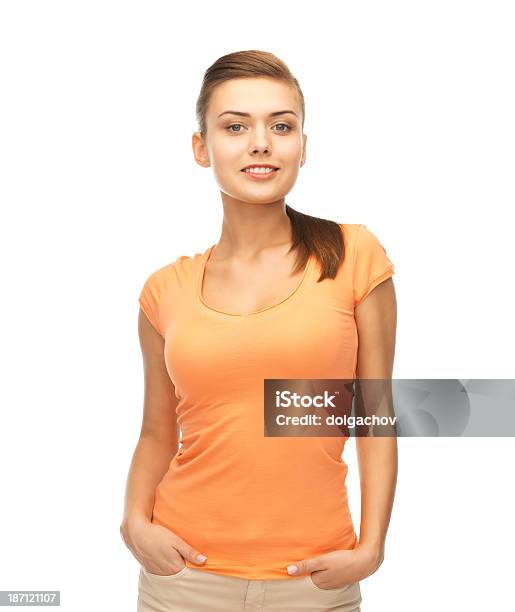 Smiling Woman In Blank Color Tshirt Stock Photo - Download Image Now - Adult, Adults Only, Advertisement