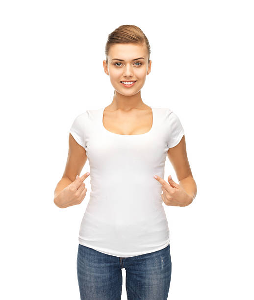 istock smiling woman pointing at blank white t-shirt 187121522
