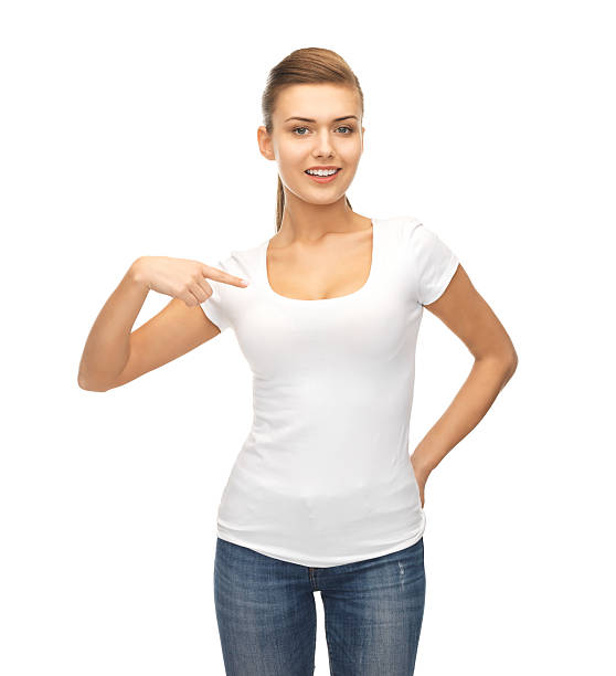 istock smiling woman pointing at blank white t-shirt 187121823