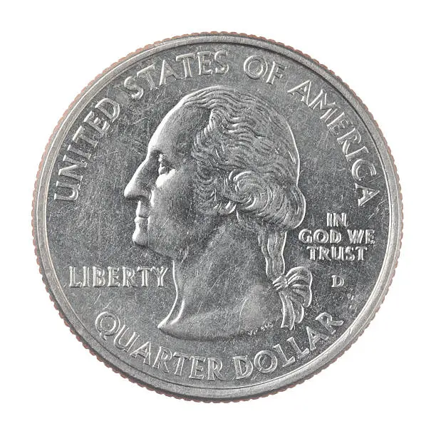 American one quarter dollar coin isolated on a white background