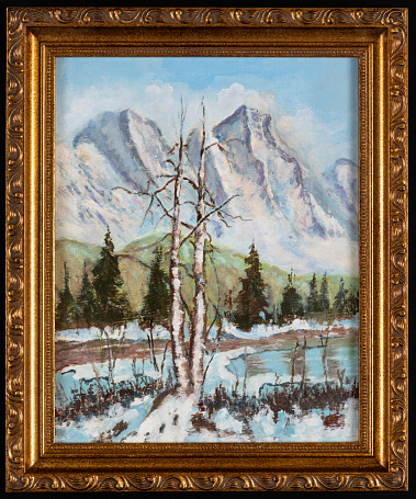 Framed acrylic sketch capturing a serene winter scene, featuring trees, a tranquil pond, and majestic mountains in the distant backdrop. Evoking the spirit of the Christmas holiday season.