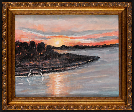 Framed acrylic sketch depicting white herons at sunset or sunrise.