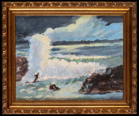 Framed acrylic sketch capturing a seascape with waves crashing on rocky coastline.