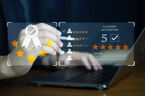 istock Customer review good rating concept, hand pressing user and five star icon on visual screen for positive customer feedback, testimonial and testimony, 1871245663