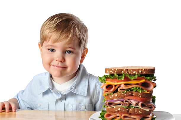 Young Boy with Triple Decker Dagwood Sandwich Horizontal image of an adorable 3 year old boy sitting at the table with a very large sandwich. The sandwich is layered with deli meats, cheeses, purple onion, tomato and lettuce on whole wheat bread. dagwood stock pictures, royalty-free photos & images