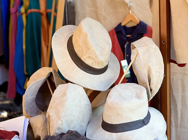 Coppola and Borsalino style hats and displayed on a stand at a fair campaign  Villa Borghese in rome  at the Deer Park.