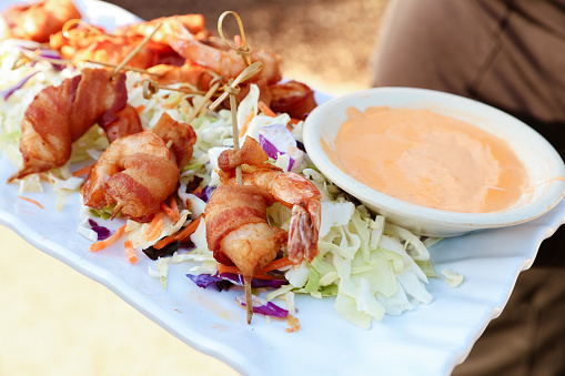 Bacon wrapped Shrimp appetizer at a Wedding reception right after the ceremony