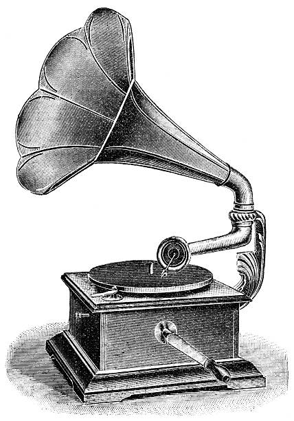 gramofon - engraved image gear old fashioned machine part stock illustrations