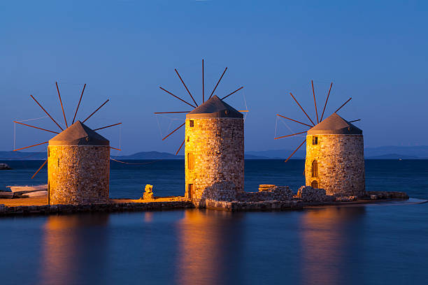 istock Ancient windmills of chios at night 187126950