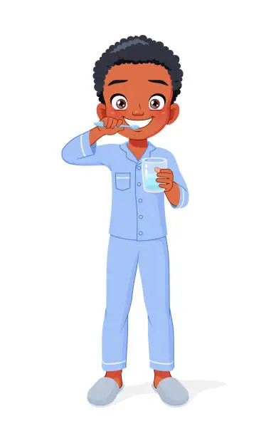 Vector illustration of Cute African American boy brushing his teeth. Cartoon vector illustration.