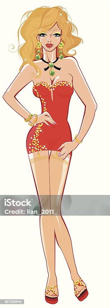 Sexy blonde fille glamour dans une robe rouge, vinaigrette - clipart vectoriel de A la mode libre de droits