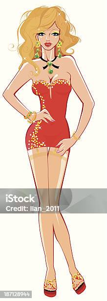 Glamour Menina Loira Sexy Em Mini Vestido Vermelho Molho - Arte vetorial de stock e mais imagens de Adulto