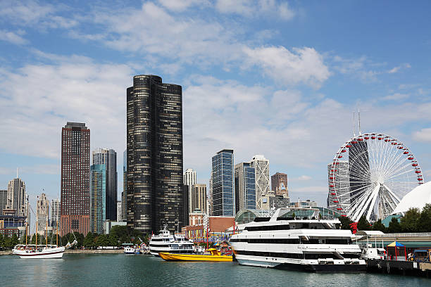 Chicago, USA - June 6, 2015: The iconic Dusable Street bridge on Michigan avenue going up on the Chicago Riverwalk for the boat run mid day.