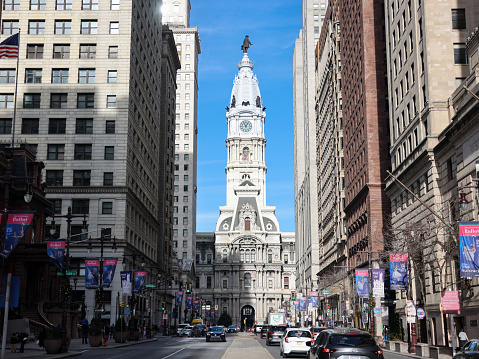 Philadelphia, Pennsylvania, USA - Dec 16, 2023: Philadelphia City Hall among skyscrapers in Center City Philadelphia during Christmas holiday time