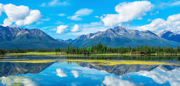 Beautiful sunny panorama of Alaska Mountains Range, Gakona, USA.